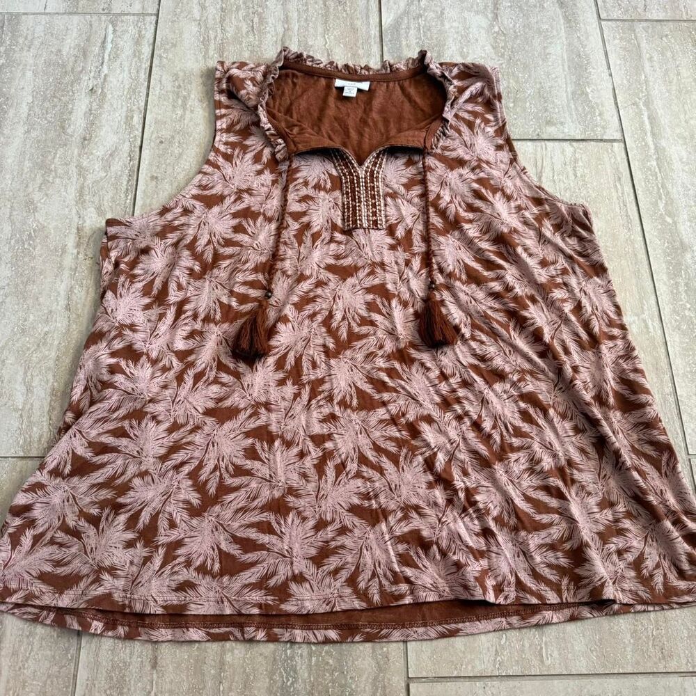 J Jill 1X Bellissima Tasseled Tank Top Peasant Blouse Floral Brown Palm trees
